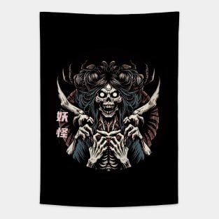 Horrible yokai woman and hands Tapestry