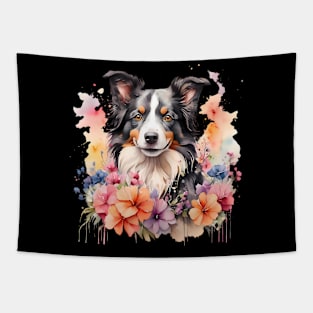 A border collie decorated with beautiful watercolor flowers Tapestry