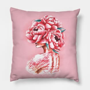 Pretty young girl with peonies in hair Pillow