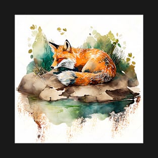 Sleepy Red Fox Watercolor T-Shirt