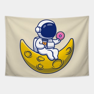 Cute Astronaut With Donut And Coffee On Moon Tapestry