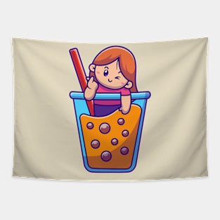 Cute Girl Loving Bubble Tea Cartoon Tapestry