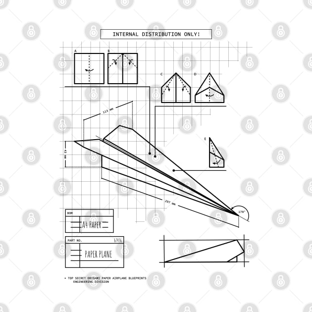 Top secret origami paper plane engineering blueprints (in black) by Made by Popular Demand