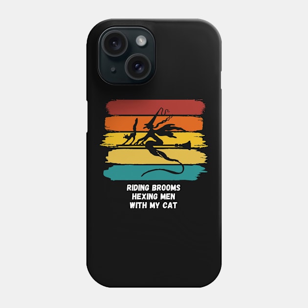 Sunset Witch Riding Brooms Hexing Men with My Cat Phone Case by nathalieaynie