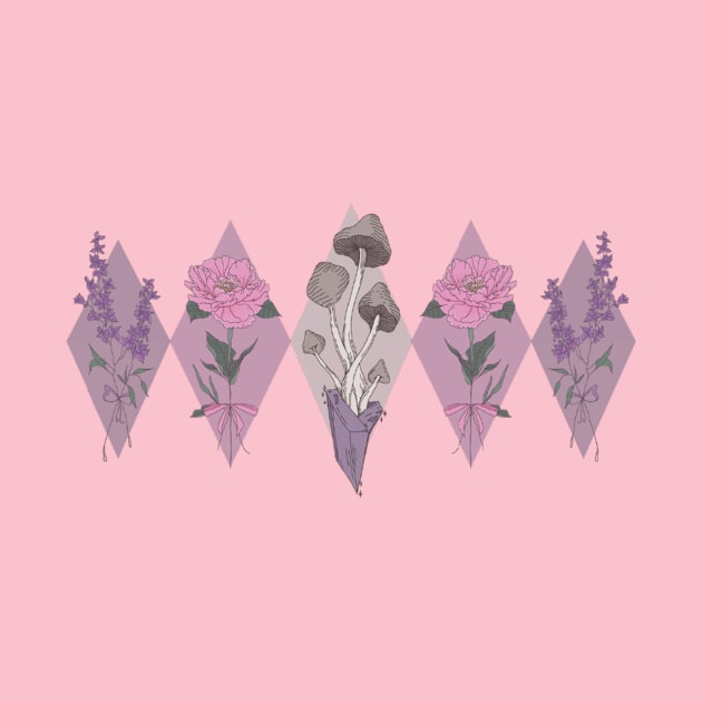 Flower and Mushrooms Peonies Lilac by Cosmic Latte