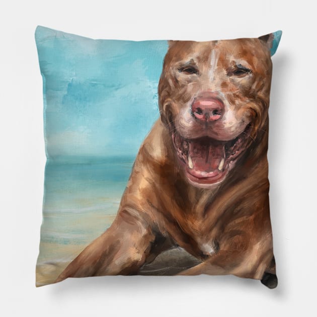 A Painting of a Red Nose Pit Bull Smiling and Basking in the Sun on the Beach Pillow by ibadishi