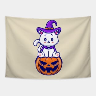 Cute Cat Witch Sitting On Pumpkin Cartoon Tapestry