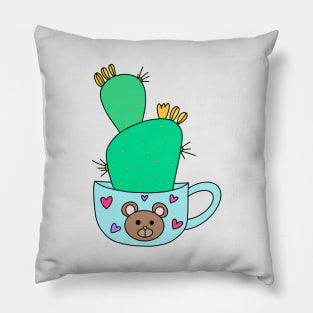 Cute Cactus Design #137: Green Cactus With Yellow Flowers In Cute Bear Mug Pillow