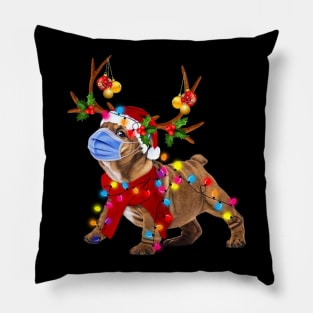 Bulldog Reindeer With Face Mask  Christmas Light Funny Shirt Pillow