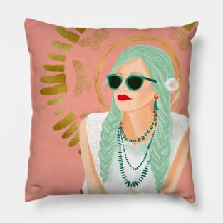 Bohemian Girl with Red Lipstick and Sunglasses Pillow