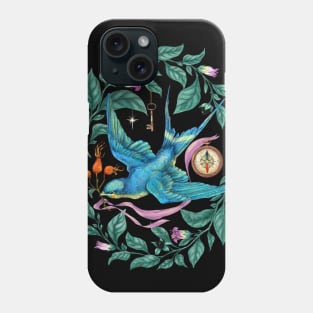 A bird, Nightshade, a key, a compass. Black background Phone Case