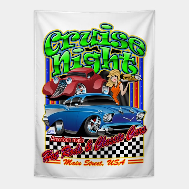 Cruise Night Hot Rods & Classic Cars Illustration Tapestry by hobrath