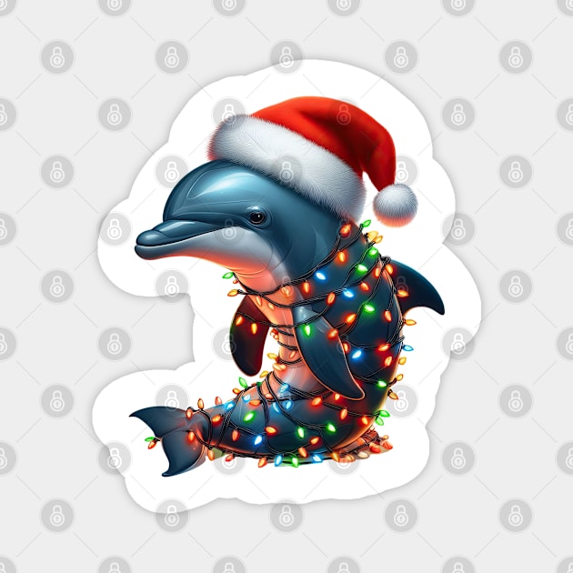 Dolphin Wrapped In Christmas Lights Magnet by Chromatic Fusion Studio