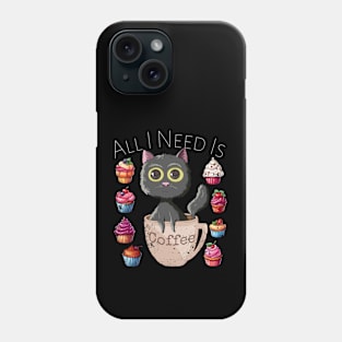 All I Need Is Coffee Funny Retro Black Cat & Cupcakes Lovers Phone Case