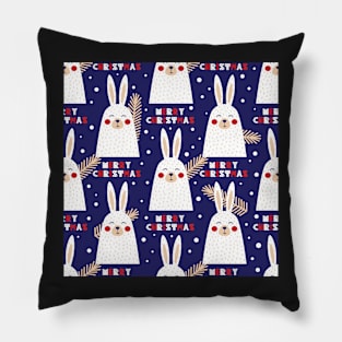 Merry Christmas Bunny in Navy Blue Pillow