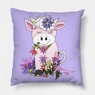 kawaii pink cow eating pretty flowers Pillow