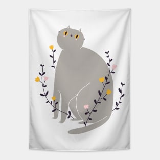 Grey British cat with flowers Tapestry