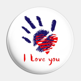 Handprint and Symbol of Red Heart. I Love You Calligraphy Pin