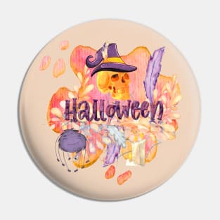 BEAUTIFUL WORDSMITH HALLOWEEN WITH SKULL AND SPIDER WITH FEATHERS AND FLOWERS Pin