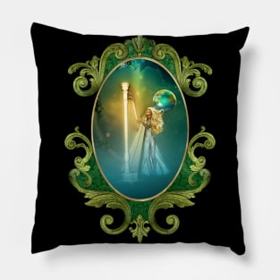 Beautiful fairy playing a harp in the sky Pillow