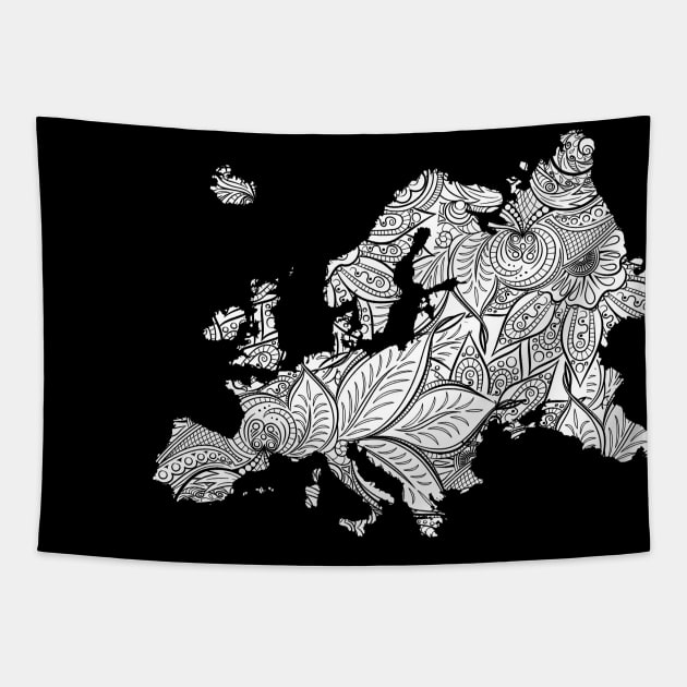 Mandala art map of Europe with text in white Tapestry by Happy Citizen