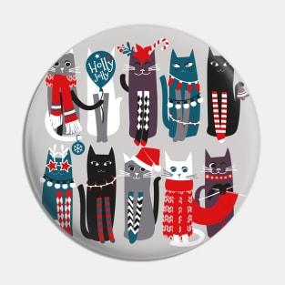 Feline Christmas vibes // print // grey background grey green white purple beet and black kittens Pin