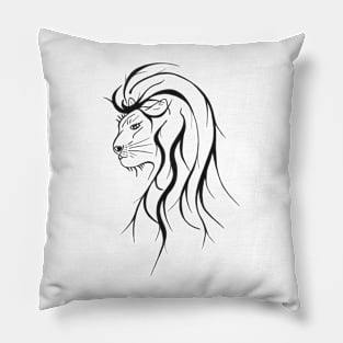 Black and white head of a lion with long mane Pillow