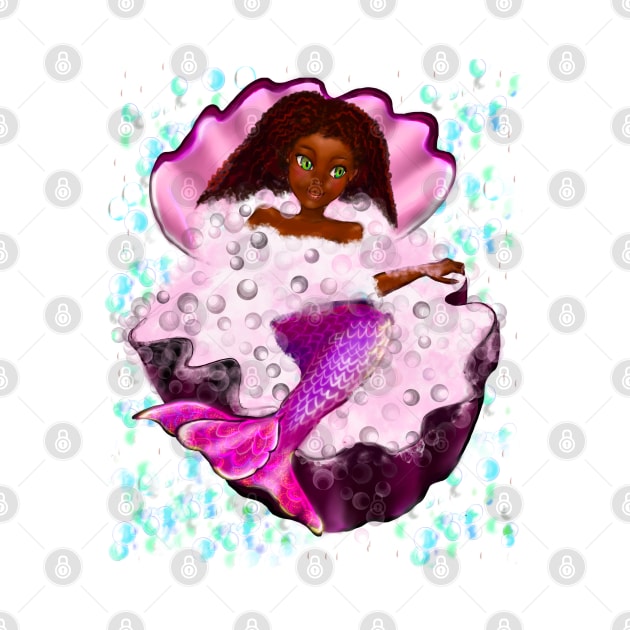 Mermaid spa day in Oyster clam shell 2 - Black anime mermaid in bubble bath. Pretty black girl with Afro hair, green eyes, Cherry pink lips and dark brown skin. Hair love ! by Artonmytee