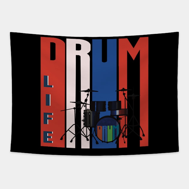 Drum kit on coloured Lettering Tapestry by KateVanFloof