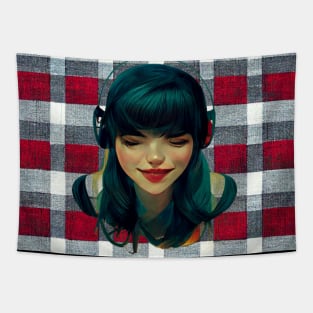 Girl listening to her music on headphones on a plaid background. Tapestry