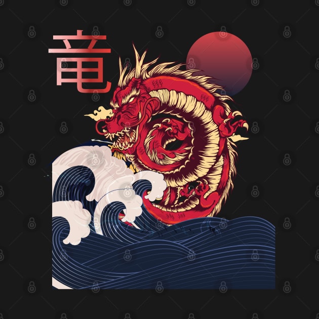 Japanese Anime Wave, Dragon and sun design by laverdeden