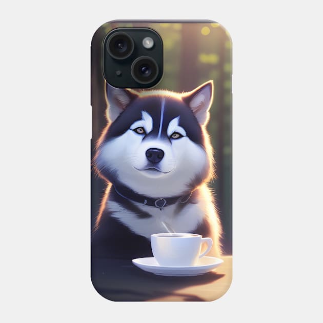 Siberian Husky with a mug cup of morning coffee Phone Case by akwl.design