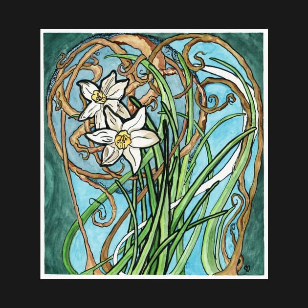 Two Daffodils and Branches Painting in Art Nouveau Style by CrysOdenkirk