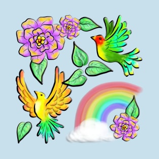 Birds Flowers and Rainbows Doodle Pattern T-Shirt