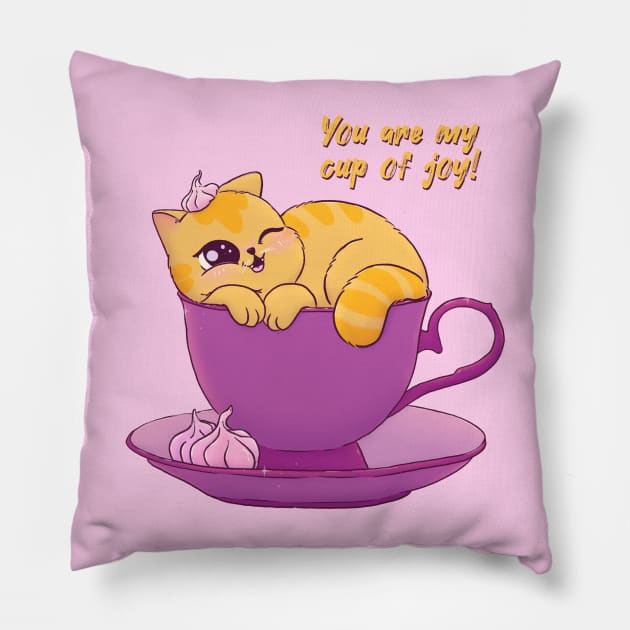 Cup Of Joy Cat Pillow by LenasScribbles