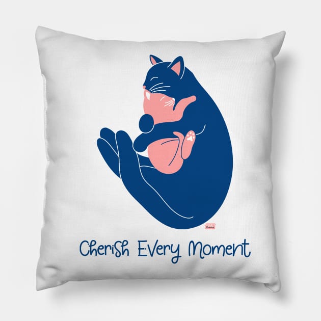 Cherish Every Moment | Cat Love (White) Pillow by Joabit Draws