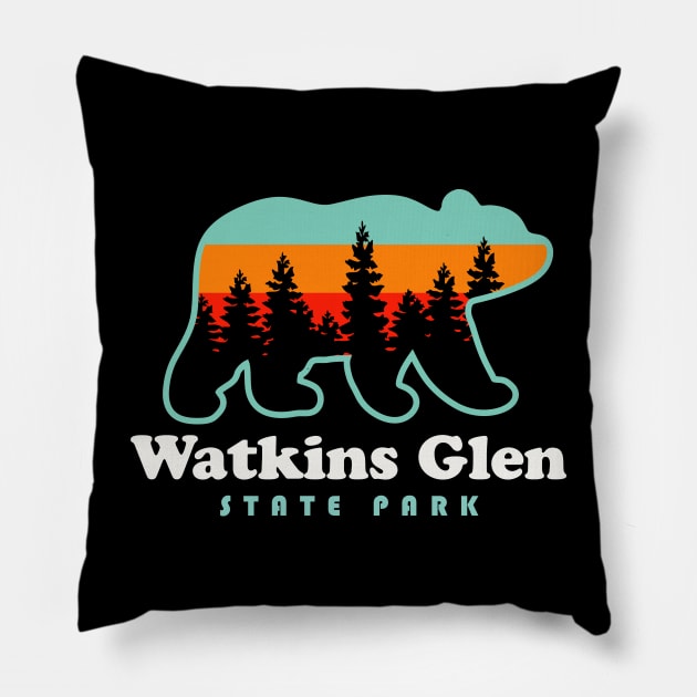 Watkins Glen State Park Hiking New York Retro Bear Pillow by PodDesignShop