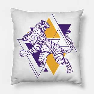 Retro Purple & Gold Tiger on the Attack // Vintage Geometric Shapes Background Pillow