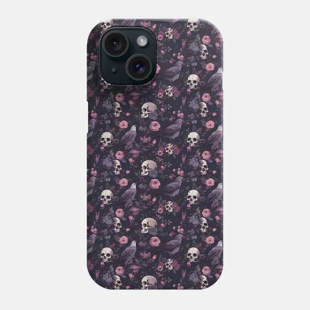 Skulls, Birds and Flowers Pattern Print Phone Case by DJDesignStudios