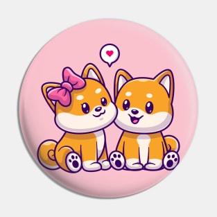 Cute Couple Shiba Inu Dog Sitting Cartoon Pin