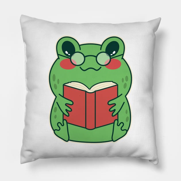 Kawaii Frog Reading a Book Cute Toad Lover Pillow by Cuteness Klub