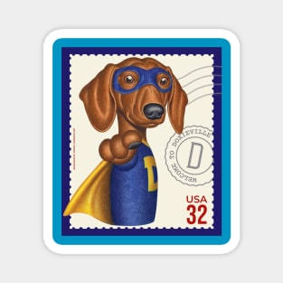 Superhero Doxie in cute blue suit with yellow accessories Magnet