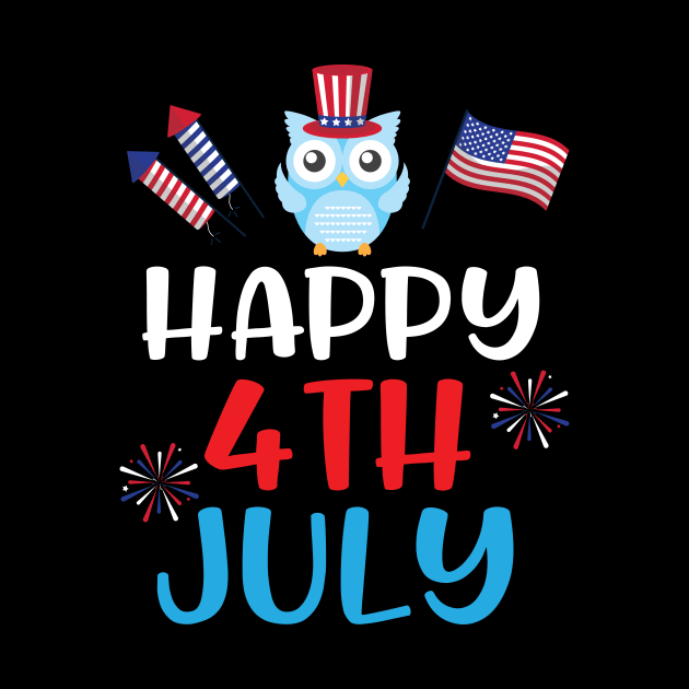 Owl With US Flag Hat Fireworks Happy Independence July 4th Day Americans Dad Mom Son Daughter by Cowan79