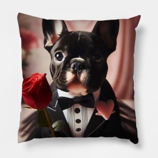 French bulldog dressed in tuxedo with red rose Pillow