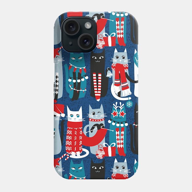 Feline Christmas vibes // pattern // blue background blue white and black kittens Phone Case by SelmaCardoso