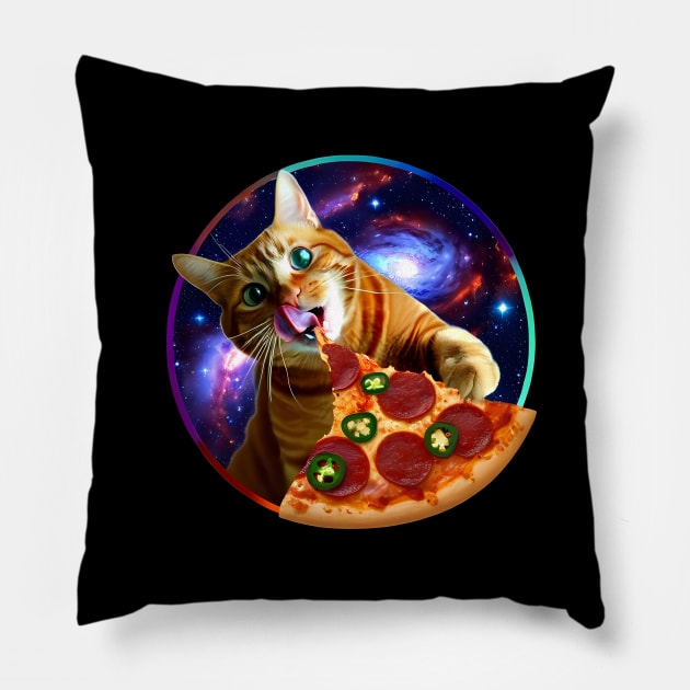 Funny Orange Cat eating Pizza in Space Pillow by dukito