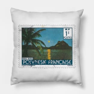 Full Moon Rising over Bora Bora Vintage French Polynesia Stamp Pillow