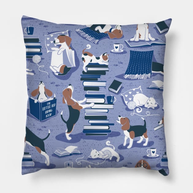 Life is better with books a hot drink and a friend // pattern // indigo blue background brown white and blue beagles and cats and classic blue cozy details Pillow by SelmaCardoso