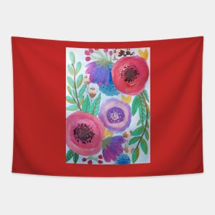 Watercolor red and purple flowers and leaves Tapestry