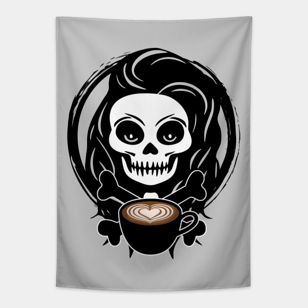 Barista Skull and Coffee Cup Black Logo Tapestry by Nuletto